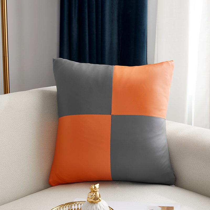 Funda de cojín de cuero - Damero naranja y gris