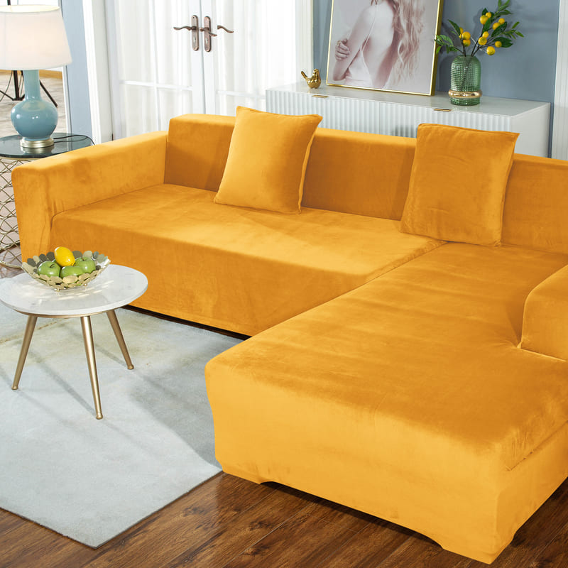 Funda de sofá esquinero de terciopelo amarillo mostaza